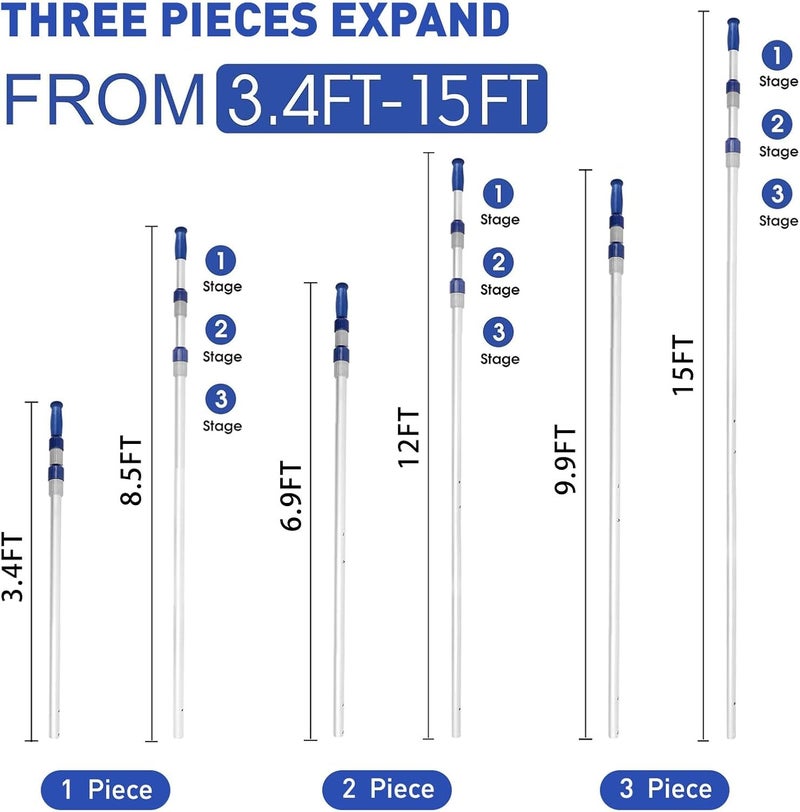 Poolvio 15 FT Telescopic Pool Pole - Adjustable 3 Piece Aluminum Pool Skimmer Pole for Pool Cleaning Skimmer Nets Vacuum Heads & Brushes, Strong Grip & Lock - Image 5